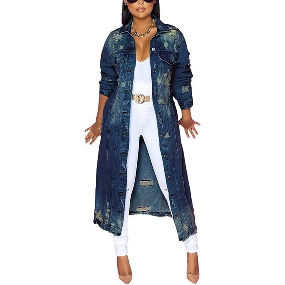 Jackets & Blazers - Women's Spring Fashion Ripped Holes Maxi Long Denim Jacket Trench Coat Dark Blue